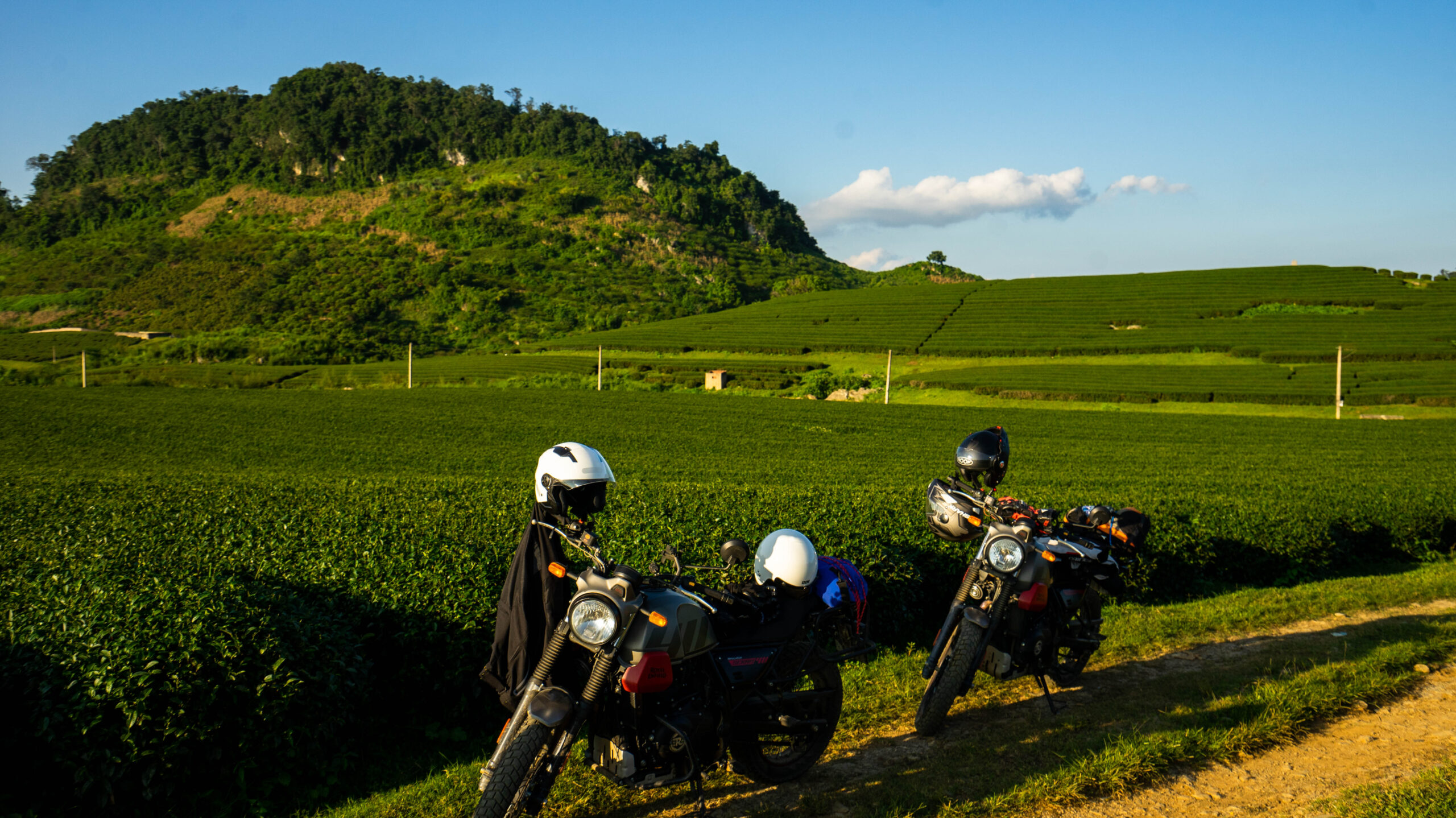 Nos motos posant dans les sublimes paysages du Nord-ouest du Vietnam (Moc Chau)